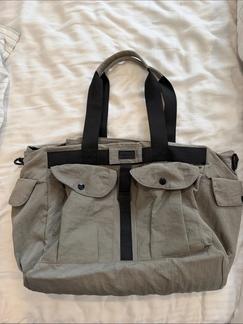 Nylon Utility Tote Bag in Olive with Black Straps